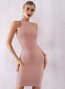 NUEVO VESTIDO DE DISEÑO DE ALTA COSTURA BRONCEADO BEIGE VENDAJE DESNUDO SIN ESPALDA VESTIDO A MEDIDA - Imagen 1 de 12