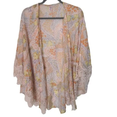 Victoria's Secret Womens M/L Orange Floral Open Front Crochet Lace Trim Kimono - Image 1 of 4