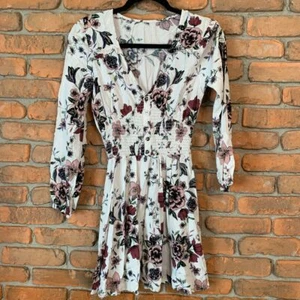 American Rag Floral Mini Dress Long Sleeve V-Neck Boho Smocked White Size S - Picture 1 of 4