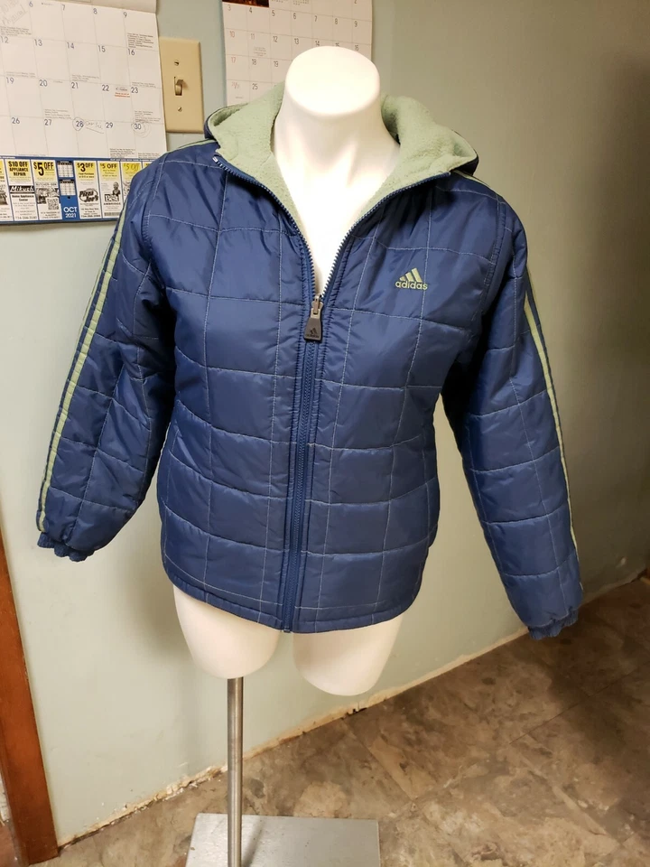 Abrigo con Capucha Cremallera Completa Reversible Adidas Niñas Talla L Bolsillos Azul Verde UNISEX Foto 1 de 4