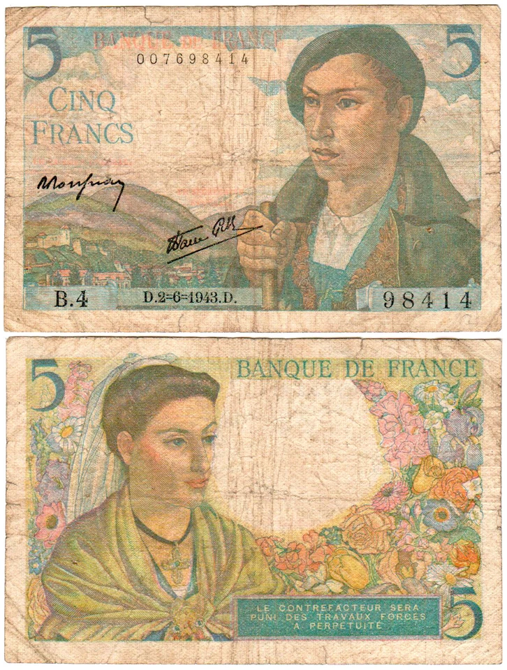 France 5 Francs P#98a (1943) Banque de France VF - Image 1 of 1