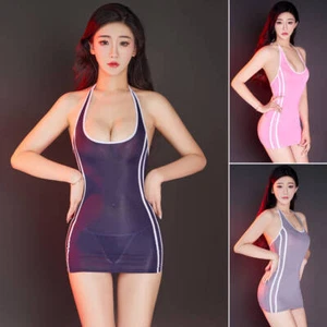 Women Sexy See-through Halter Bodycon Micro Mini Dress Evening Cocktail Lingerie - Picture 1 of 16