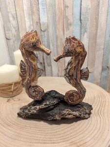 Fair trade Hand Carved And Painted Wooden Seanorses On Driftwood Base  18cm Tall - Picture 1 of 5