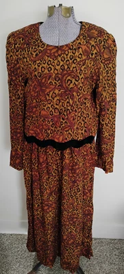 Vtg 80s 90's Midi Dress Floral Animal Print Boho Cottagecore Autumn Colors sz 8 - Image 1 of 4