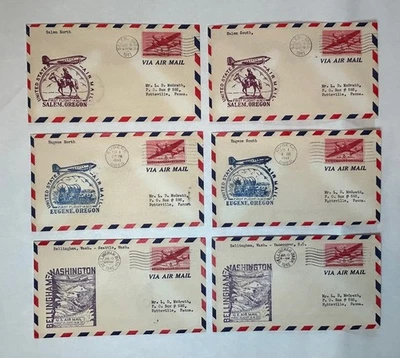 1943 First Flight Envelopes (6) Salem, Eugene OR Bellingham WA AM-11 AM-37 - Image 1 of 2