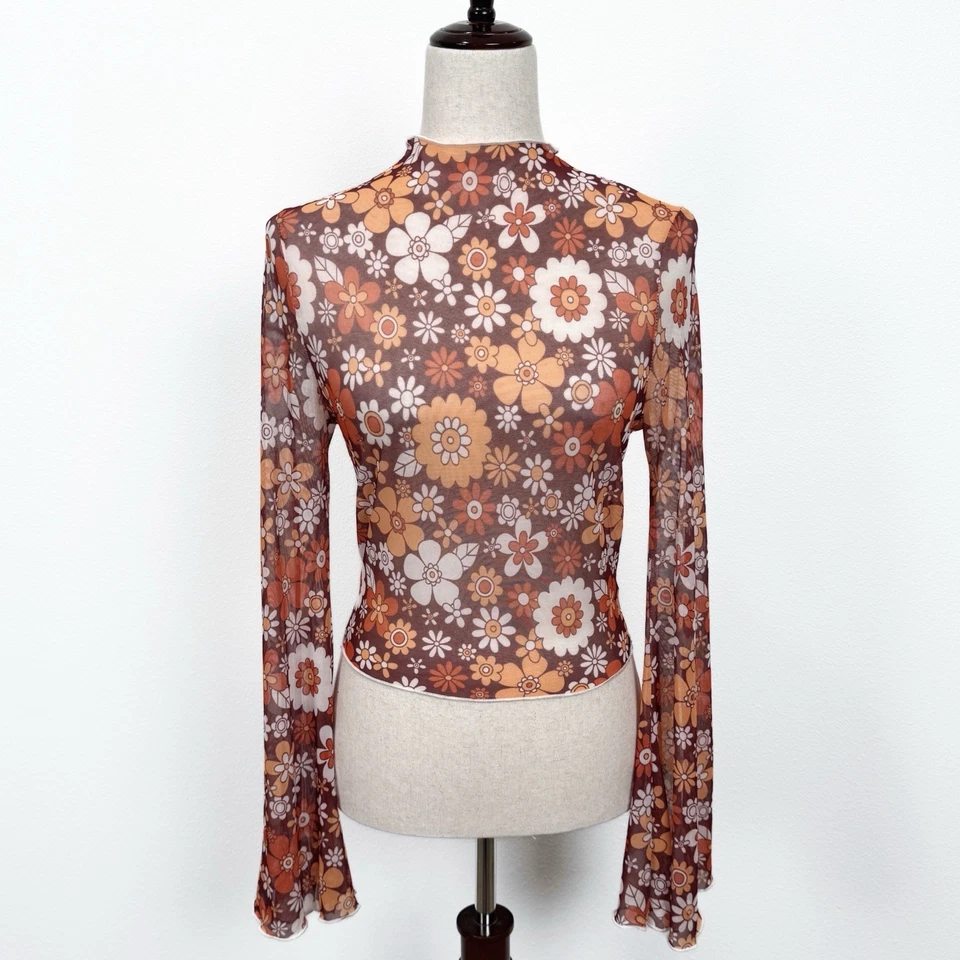 Top de malla floral sin marca para mujer M naranja transparente recortado manga campana indie boho Foto 1 de 4