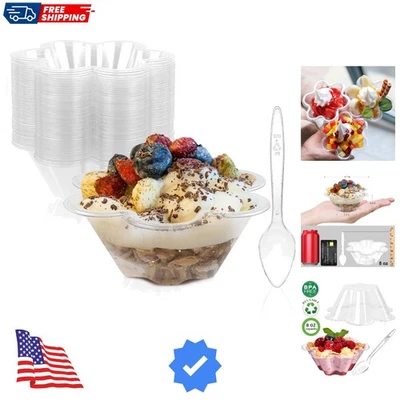 Tazas de postre con cucharas de 8 oz, paquete de 50 tazones pequeños de plástico transparente para servir fiestas... Foto 1 de 4