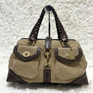 Coach Legacy Handbag Turnlock Boston Bag Suede Leather Brown Beige 9137 - Picture 1 of 20