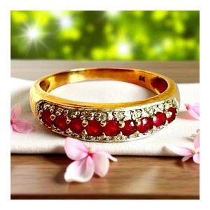 Ruby Ring 9ct Gold Diamond Size P Three Row Hallmarked 375 9K 2.1g - Picture 1 of 24