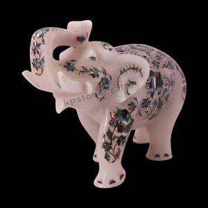 7,9 Zoll Wohndeko weißer Marmor Elefant Statue intarsiert mit Paua Muschel - Bild 1 von 7