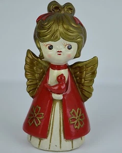 Angel Holiday Figure Retro Paper Mache Vtg Xmas Girl 7.5in Darling Red Bird Gold - Picture 1 of 10