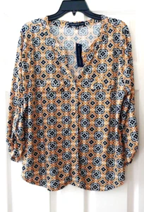 Adrienne Vittadini XL V-Neck Tunic Top Black White & Gold 3/4 Tab Sleeves NWT - Picture 1 of 9