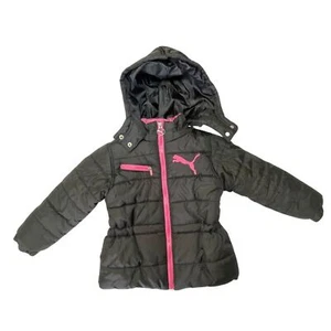 Puma Puffer Jacket Girls Size 4 Removable Hood Pockets Zip-Up Black & Pink - Picture 1 of 11