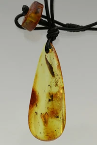 5 INSETTI FOSSILI E FOGLIE vera AMBRA BALTICA ciondolo corda di pelle 5,1 g 90306-8 - Foto 1 di 4