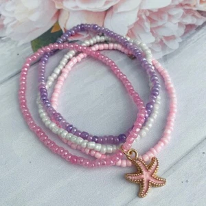 Set Boho Pink Anklet Gold Star Fish 4 x Seed Bead Ankle Bracelet - Picture 1 of 4
