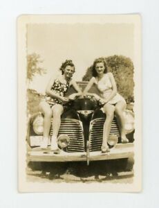 Stylish women posing by Car automobile  Vintage snapshot found vernacular  photo