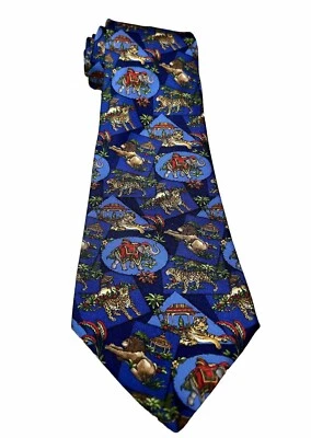 Salvatore Ferragamo Tie Navy Blue Silk Designer Safari Lions Tiger Made In Italy Foto 1 de 4
