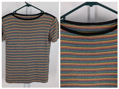 Vintage Anos 60 Anos 70 Listra Multicolorida Arco-íris Rockabilly Bodycon Malha Elástica 34-38 - Imagem 1 de 4