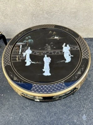 Oriental Black Lacquer Mother Of Pearl Nesting Tea Table With 4 Stools Glass Top - image 1 of 4