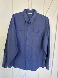 Vtg Men’s Pure Silk Shirt L Blue Long Sleeve Lotus Leaf - Picture 1 of 7