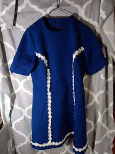 Vintage Handmade 70s Gogo/mini Poly Knit Blue Shift Dress W/ White Floral Lace - Picture 1 of 12