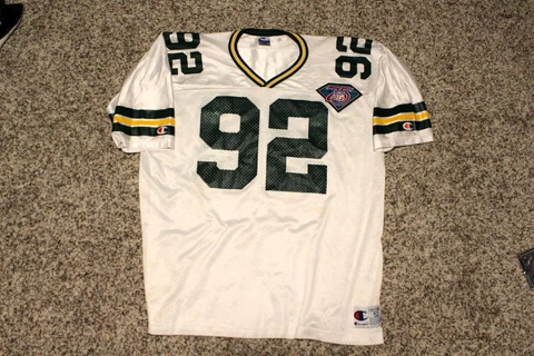 Green Bay Packers Reggie White Champion Jersey Size 52 NFL 75th Patch Sewn Cover
