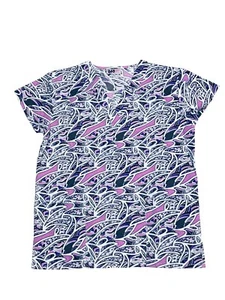 Womens Fashion Medical Nursing Scrub Print Tops Purple White Blue Shapes S - Picture 1 of 2