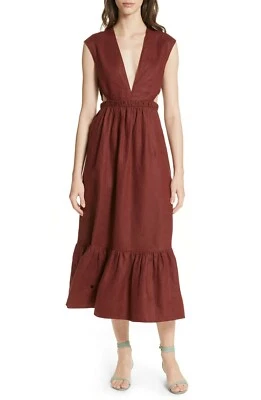 TIBI Burgundy Cutout Waist Summer Linen Canvas Ruffle Hem Midi Maxi Dress 12 = L - Image 1 of 4