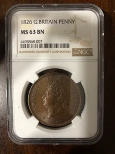 U.K-Great Britain George IV Copper 1 Penny 1826 -KM # 693,NGC-MS 63 - Picture 1 of 4