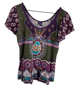 Lucky Brand Top Juniors Short Sleeves Paisley Purple Size M Boho Hippie 90's Y2K - Picture 1 of 11