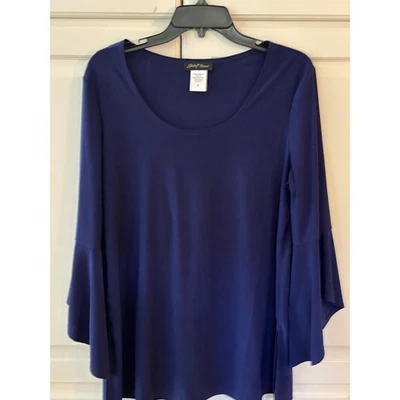 Slinky Brand Navy Blue Bell Sleeve Scoop Neck Tunic Top Women's Size M - Image 1 of 4