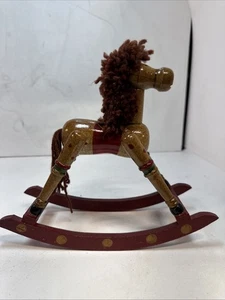 VTG Wooden Rocking Horse Hand Painted Folk Art Primitive 10" Figurine Yarn Mane - Picture 1 of 5