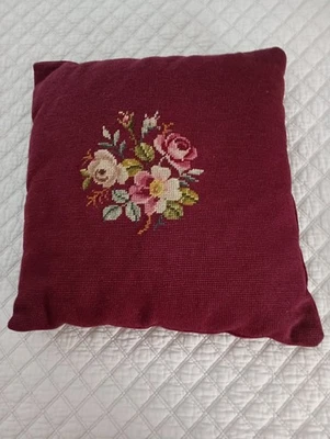 Vtg Victorian Rose Floral Burgundy 16" Square Needlepoint Velvet Pillow Handmade - Image 1 of 4