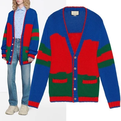 GUCCI MENS SWEATER OVERSIZED COLORBLOCK KNITTED CARDIGAN $1,350 sz L Large - Image 1 of 4