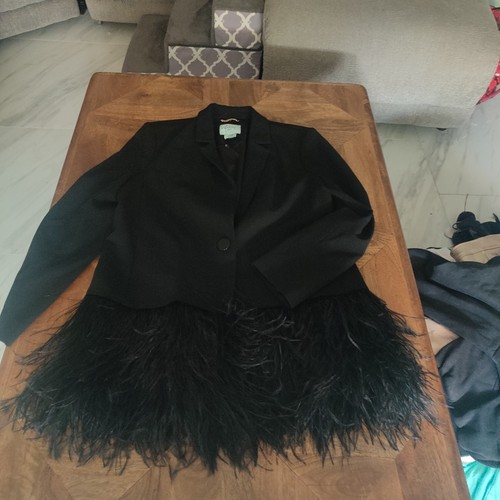 Giacca Kate Spade con rifiniture in piuma taglia 16 nuova