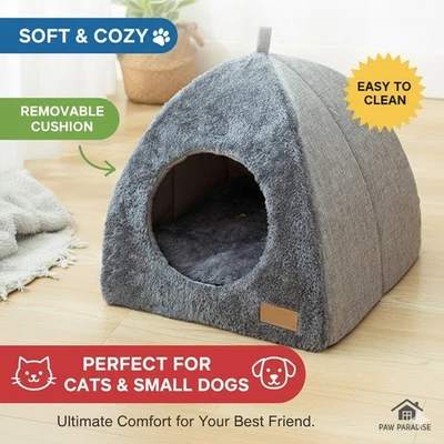 BRANDED Cat Cave Bed for Cats & Small Dogs - Tent Igloo with Removable Washable Cushion