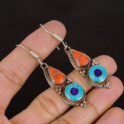 Orecchino nepalese tibetano argento sterling 925 corallo turchese... - Immagine 1 di 4