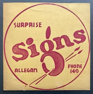 Vintage 1940’s-50’s Hand Painted Tom Surprise Sign Shop, Allegan, MI Window Card - Picture 1 of 2