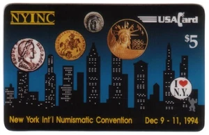 $5. Monedas sobre el horizonte de Nueva York. Tarjeta telefónica NYINC NY Int'l Coin Convention 12/94 - Imagen 1 de 1