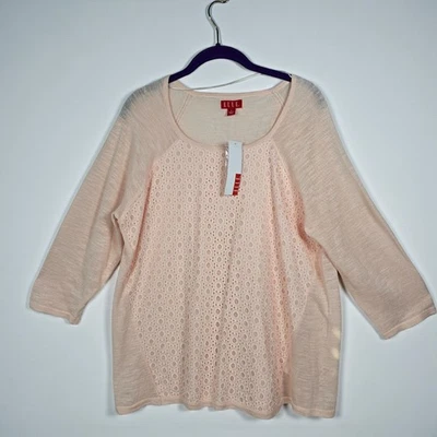 ELLE 花卉几何花边针织上衣女式 XL 淡桃色 3/4 袖大圆领全新带标签 — 第 1/4 张图片