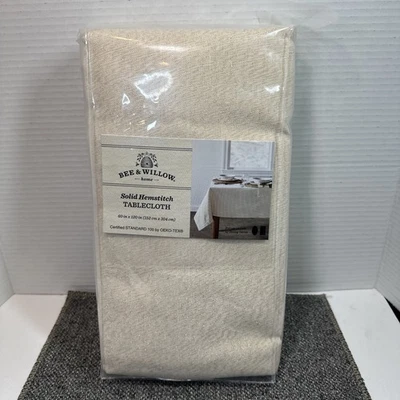 Bee Willow Tablecloth NIP Solid Hemstitch Cream With Gold 60 x 120 inches - Image 1 of 4