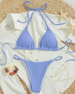Bikini Azzurro Polvere Tanga Micro Costine Laccetti Regolabili Sexy Mare 73834 - Foto 1 di 1
