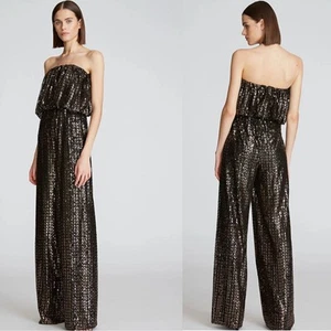 Tuta Halston Kensley paillettes piccola nera oro gamba larga senza spalline glam nuova senza etichette - Foto 1 di 20