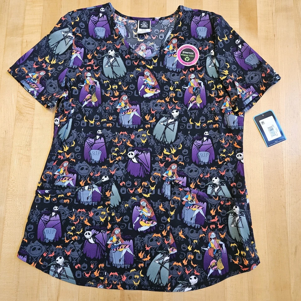Disney The Nightmare Before Christmas Womens V Neck Print Scrub Top​ Size S