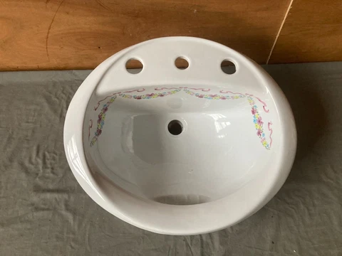 Vtg White Floral 16x19 Oval Self Rimming Drop In Bath Sink NOS Crane 475-23E Cover