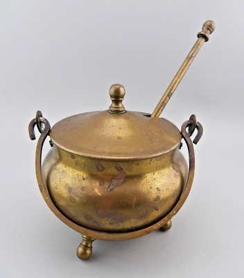 VTG Tri Footed Brass Cauldron Style Fire Starter Smudge Pot Pumice Wand And Lid • 53.39$