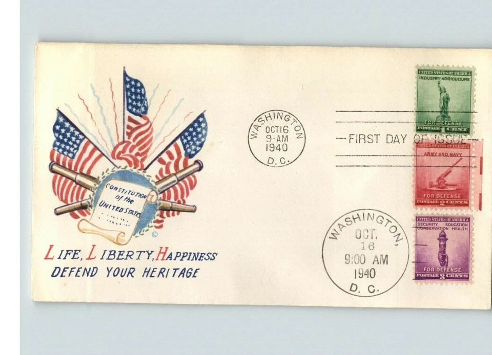 NATIONAL DEFENSE, 1940 FDC, 1, 2, 3 cent stamps " Life Liberty, Happiness, Defen - Image 1 of 1