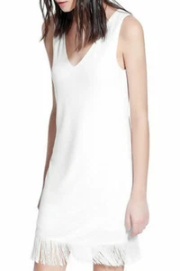 Mango White V neck Sleeveless Fringe Hem Dress Size M UK 10 - Picture 1 of 7