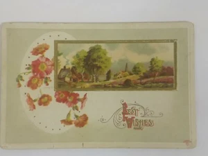 Postcard Greetings Best Wishes Flowers Scenery Embossed c.1912 Sander - Picture 1 of 2
