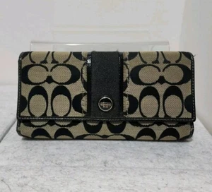 Coach Signature Jacquard Canvas Black Leather Tri-Fold Wallet - Picture 1 of 6